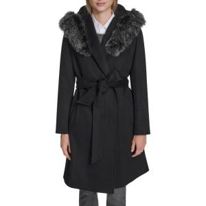 Cole Haan Women’s Outerwear Belted Wool Wrap Coat With Snap Closure & Welt Pockets(Black)