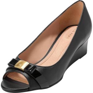Cole Haan Women’s Go-to Malta Peep Toe Bow Wedge(Black Leather)