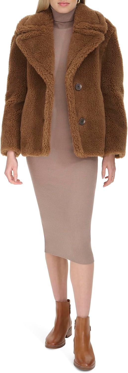 image:imageCole Haan Womens Cozy Teddy Faux Fur Long Sleeve Button Front JacketToffee