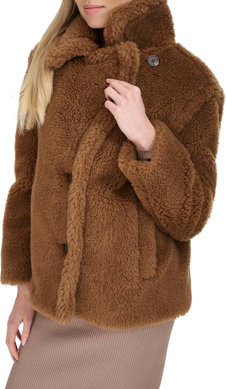 image:imageCole Haan Womens Cozy Teddy Faux Fur Long Sleeve Button Front JacketToffee