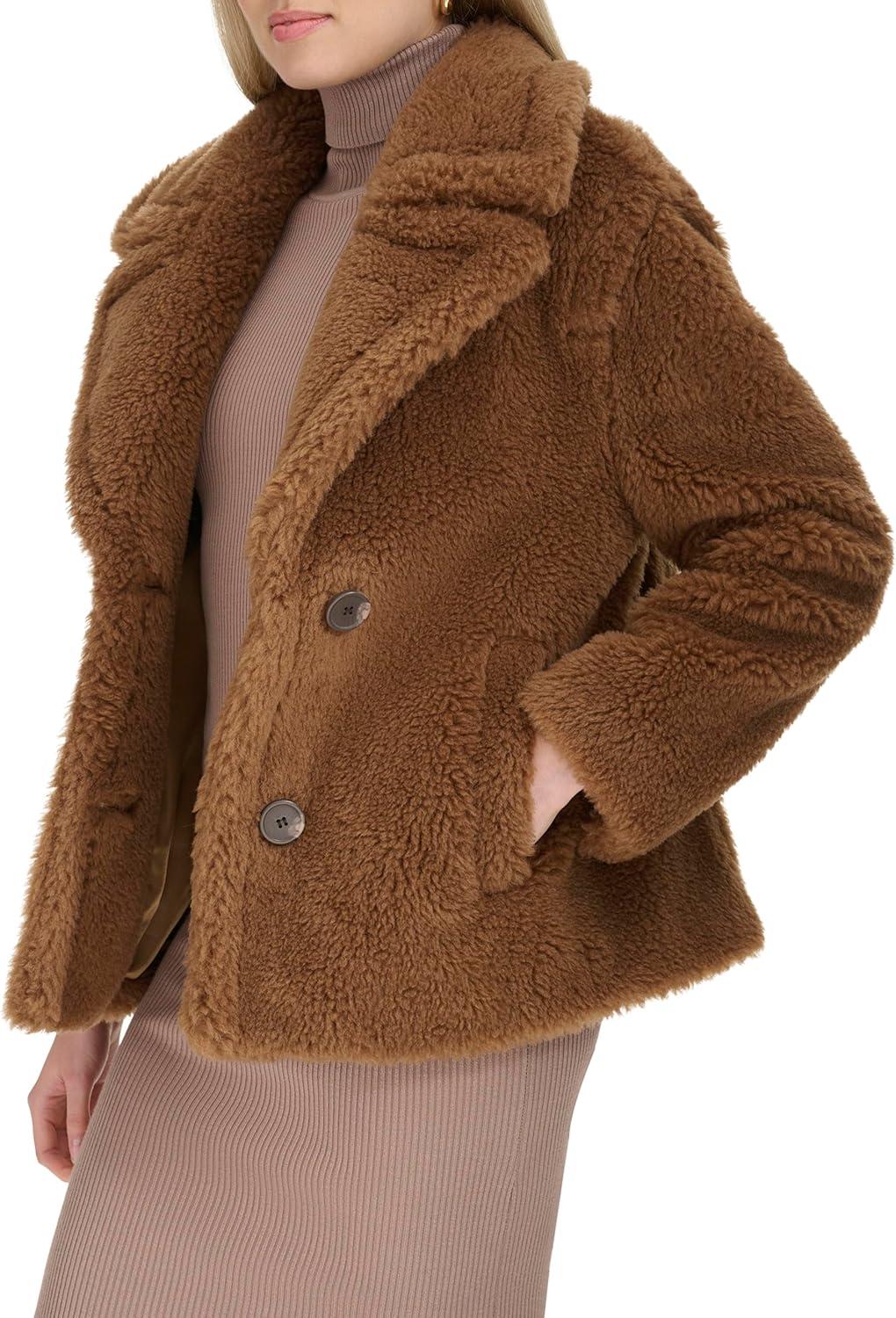 image:imageCole Haan Womens Cozy Teddy Faux Fur Long Sleeve Button Front JacketToffee