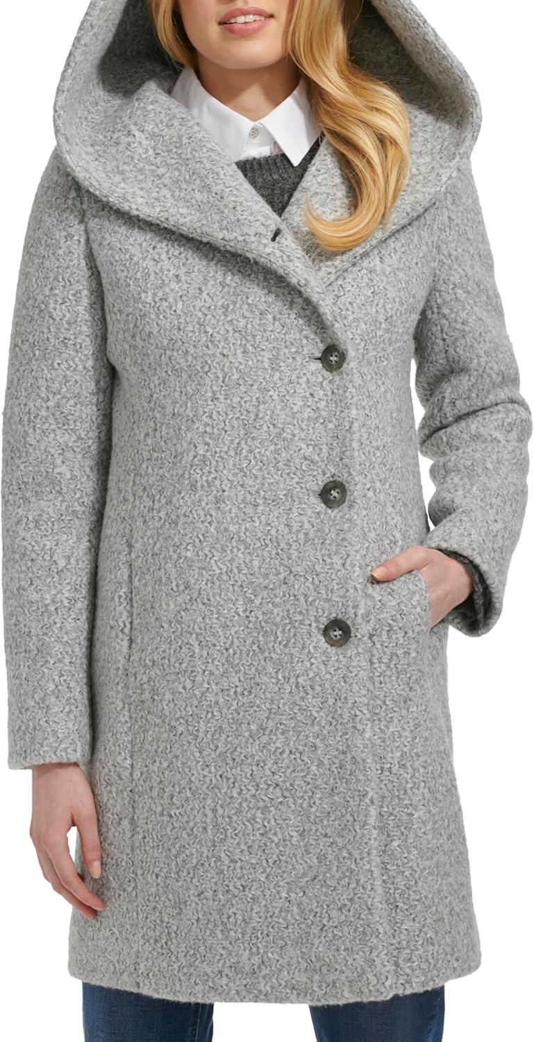 image:imageCole Haan Womens Soft Pressed Boucle Shawl Hood Relaxed Fit CoatLight Grey