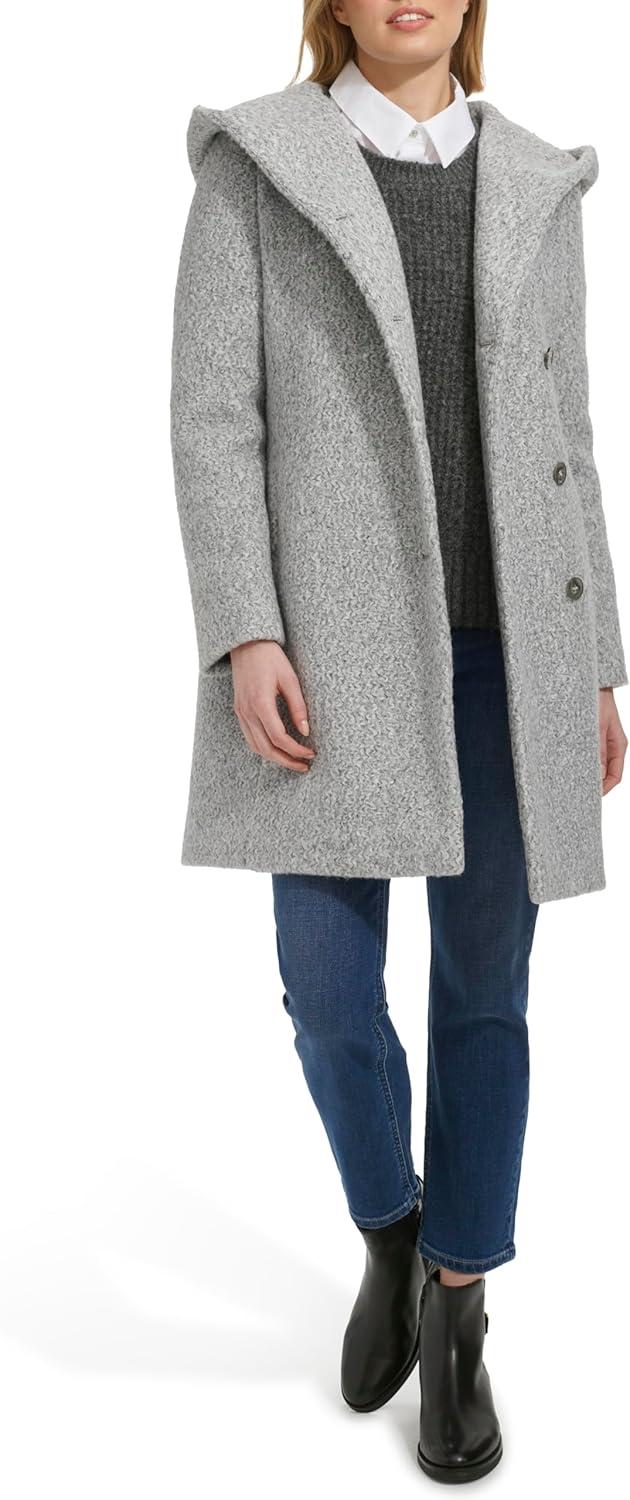 image:imageCole Haan Womens Soft Pressed Boucle Shawl Hood Relaxed Fit CoatLight Grey