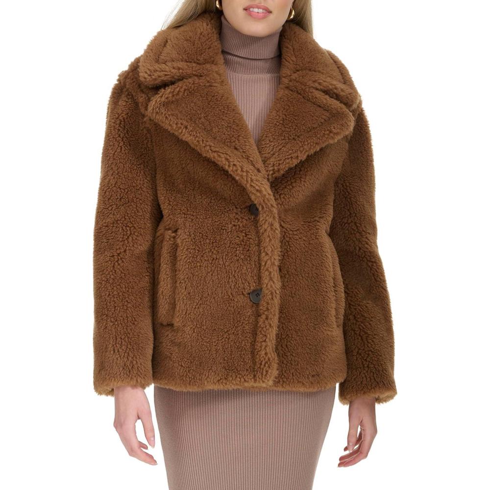 image:imageCole Haan Womens Cozy Teddy Faux Fur Long Sleeve Button Front JacketToffee
