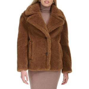 Cole Haan Women’s Cozy Teddy Faux Fur Long Sleeve Button Front Jacket(Toffee)
