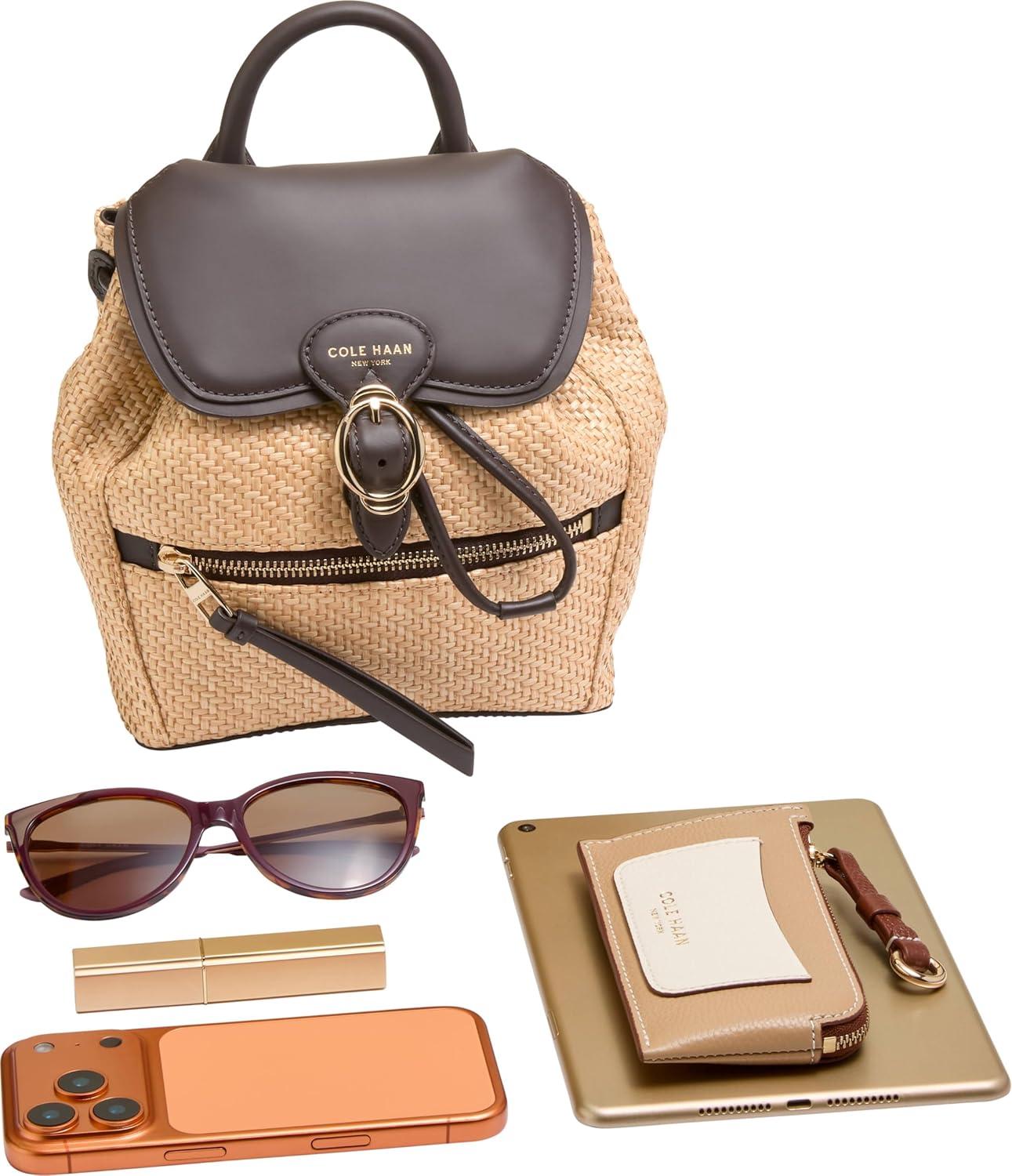 image:imageCole Haan Womens Backpack Alexandria Small Flap Backpack RaffiaChocolateRaffiaDk Chocola
