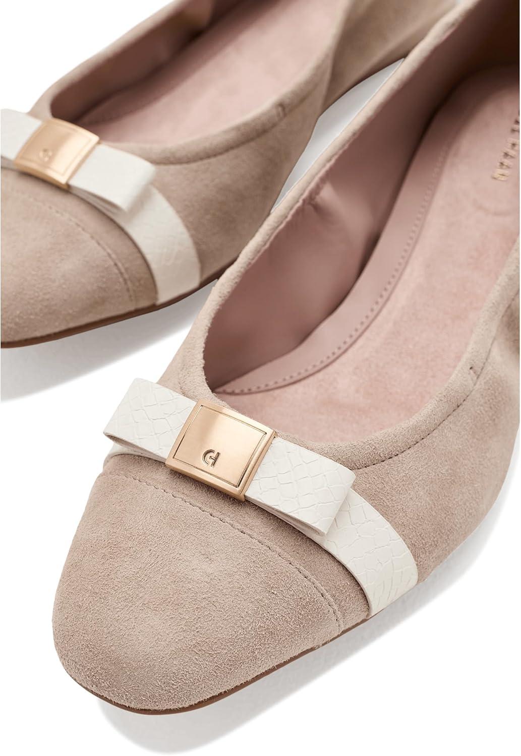 image:imageCole Haan Womens Goto Tova Bow Ballet FlatLight Sesame SuedePowder Leather