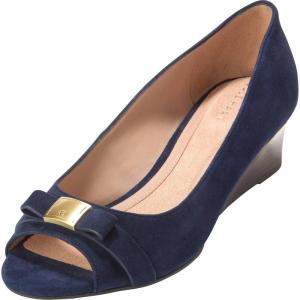 Cole Haan Women’s Go-to Malta Peep Toe Bow Wedges(Midnight Moon Suede/Raven)